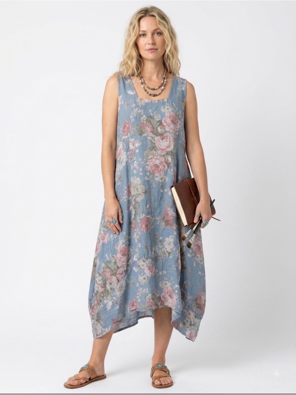 New Collection Lagenlook Floral Linen Midi Dress